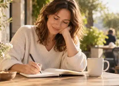 personne écrit portrait soi carnet café