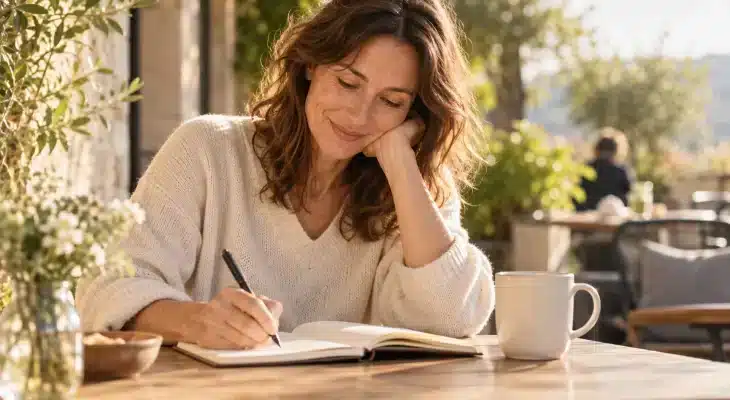 personne écrit portrait soi carnet café